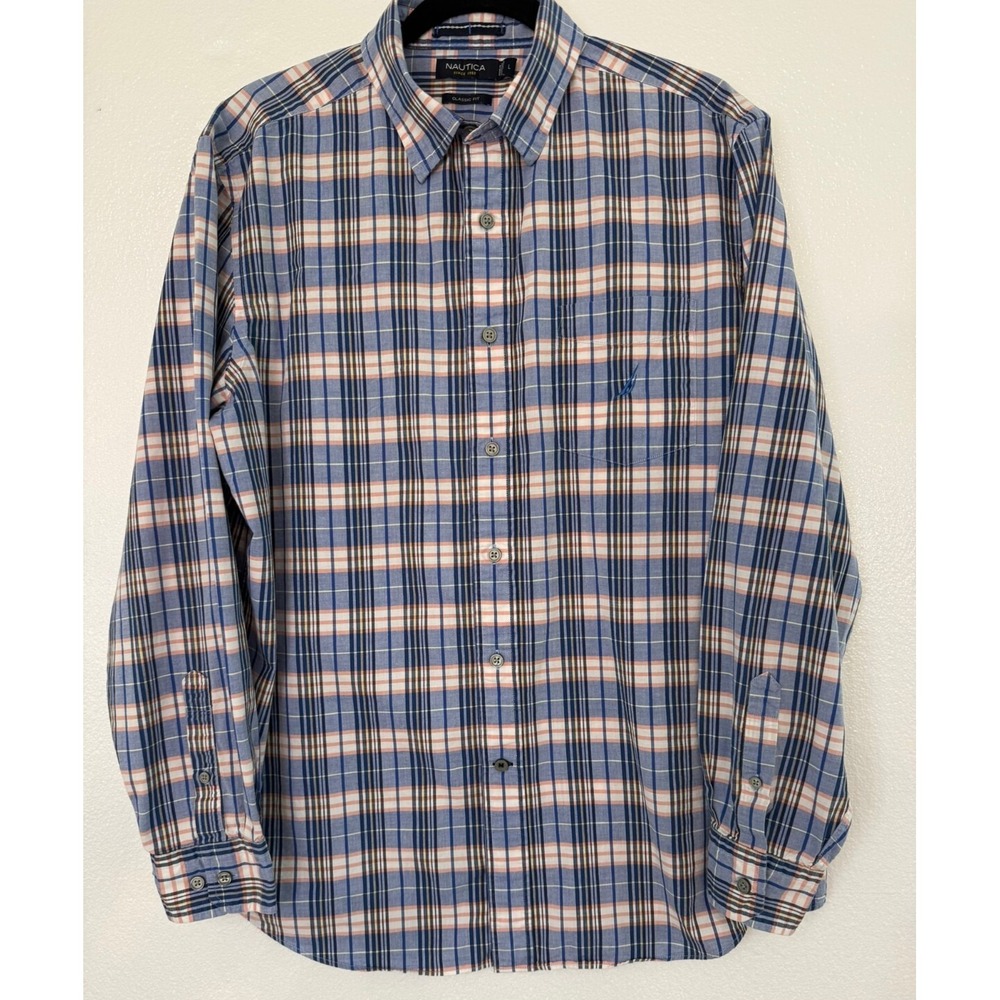 Nautica Size Large Classic Fit Blue Plaid Long Sleeve 100% Cotton Shirt